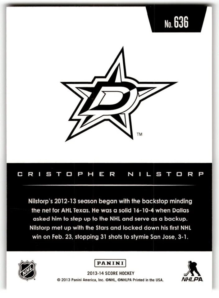 Cristopher Nilstorp 2013-14 Score Gold Rookie #636 Dallas Stars - Image 2 of 2
