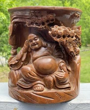 RARE & LARGE Antique Chinese Hand Carved Wooden Buddha Brush Pot Washer