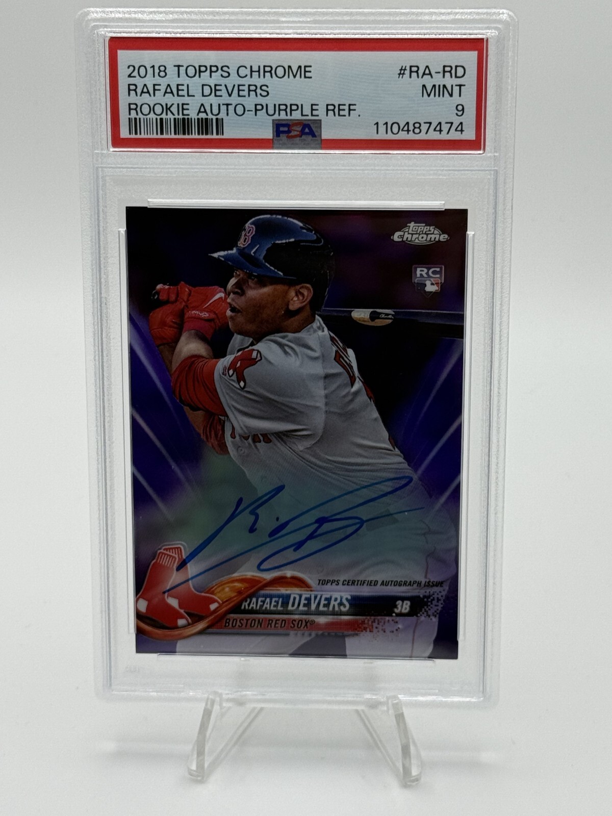 2018 Topps Chrome Rafael Devers RC Auto Purple Refractor /250 #RA-RD PSA 9
