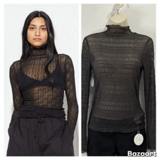 Find Me Now Second Skin Ross Mesh Top Long Sleeve Mock Neck Small Gray Edgy Chic