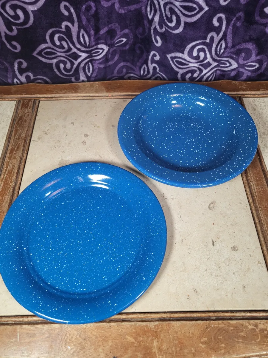 Set of Two (2) Blue with White Speckle Enamel Plates - 1 Possibly a Bowl