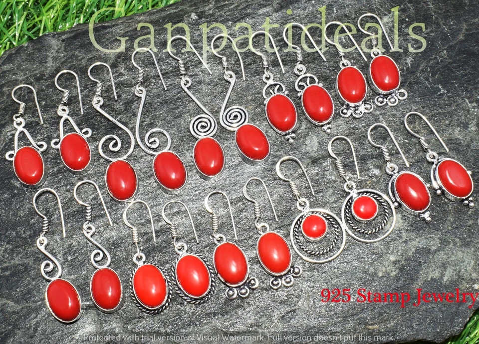 Lote al por mayor de pendientes de piedras preciosas de coral rojo enchapados en plata de ley 925 Foto 2 de 4