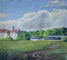 Impressionist Anonymous Summer Landscape Small Town Meadow Field Path Cloudy Sky