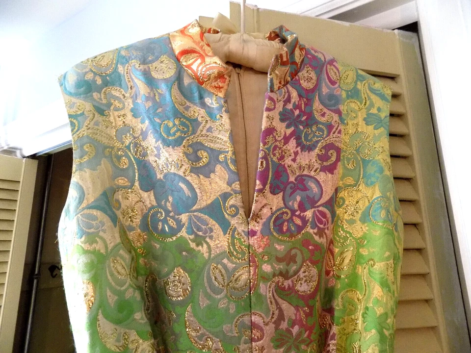 Vtg FAB 60s Joseph Magnin Metallic Tapestry Gold Pink Green Disco Maxi Jumpsuit - Image 3 of 4