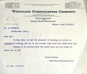 1911 Wheeling Corrugating Co. Letterhead - Galvanized Roofing Quote