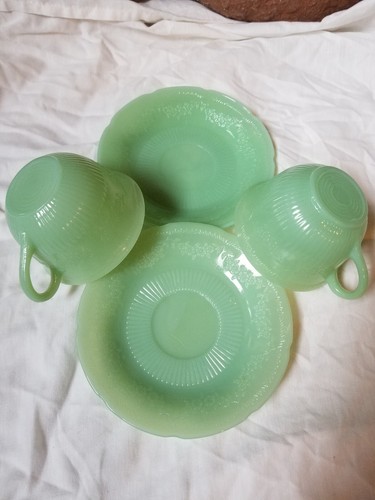 Pair Set Fire King Jadeite Ribbed Cups And 6" Saucers Made in USA Nice - Picture 2 of 8