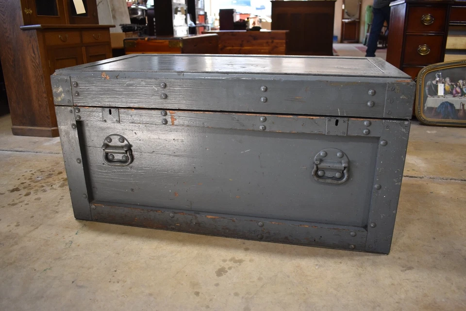 Baú de ferramentas antigo de madeira para carpinteiro, caixa de ferramentas baú cinza - Imagem 2 de 4