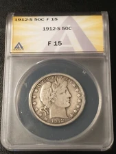 1912-S Better Date Silver Barber Half Dollar, ANACS F 15