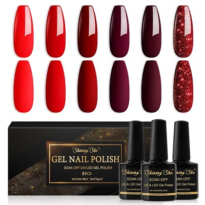 shining she uv nagellack rot,6 farben rubinrot dunkelrot glitzer gel nagellac...