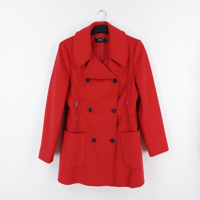 Karen Millen Size 14 Red Double Breasted 70% Wool 10% Cashmere Trench Pea  Coat UK