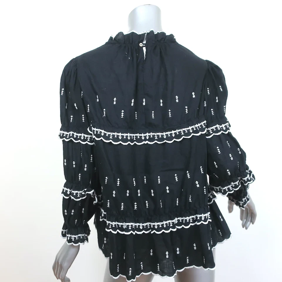 Isabel Marant Etoile Ruffle Blouse Daniela Black Embroidered Linen Size 38 - Image 4 of 4