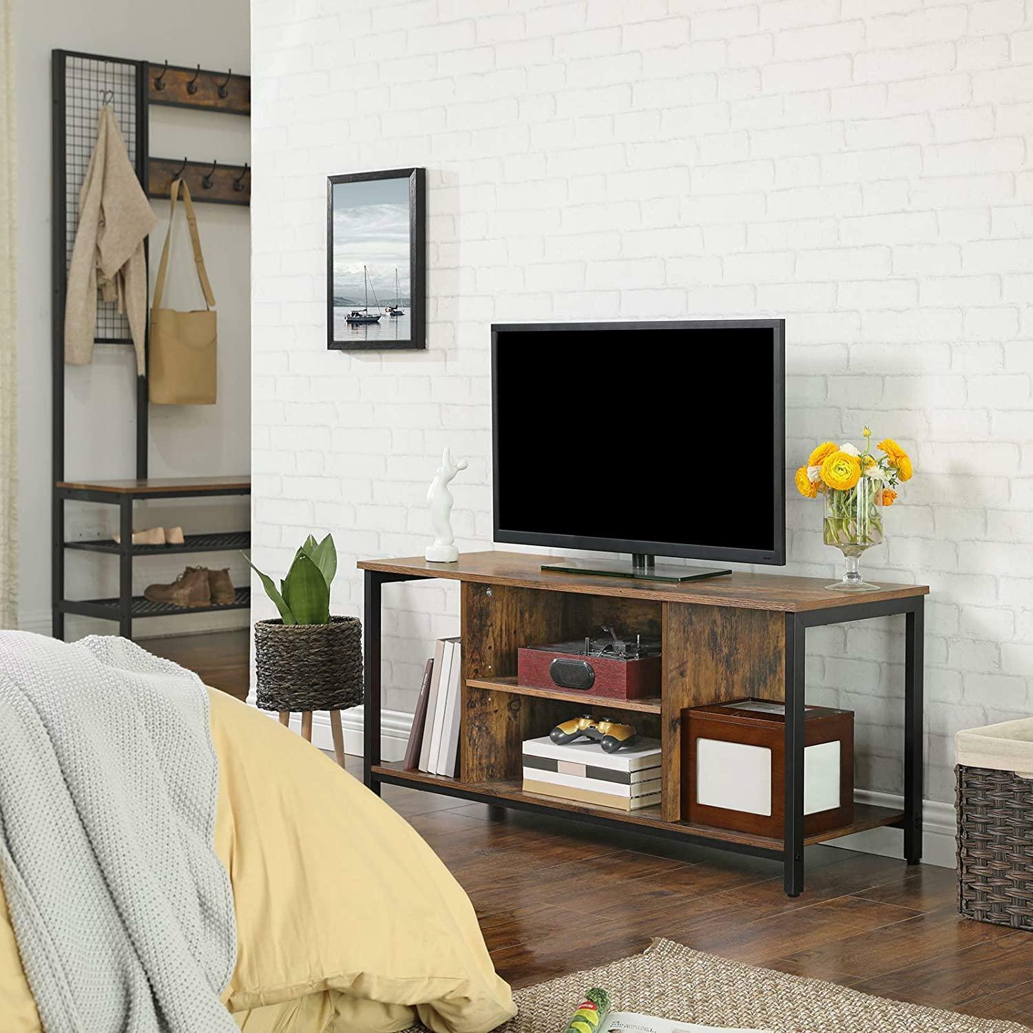 Industrial TV Stand Rustic Brown Wooden Black Metal Unit Storage
