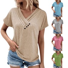 Women's Casual Summer T Shirts Solid Short Sleeve Loose Button V Neck Tops Tees