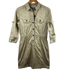LOFT Women's Khaki Tan Utility Shirt Dress Size S Button Front Camp Shirt Dress
