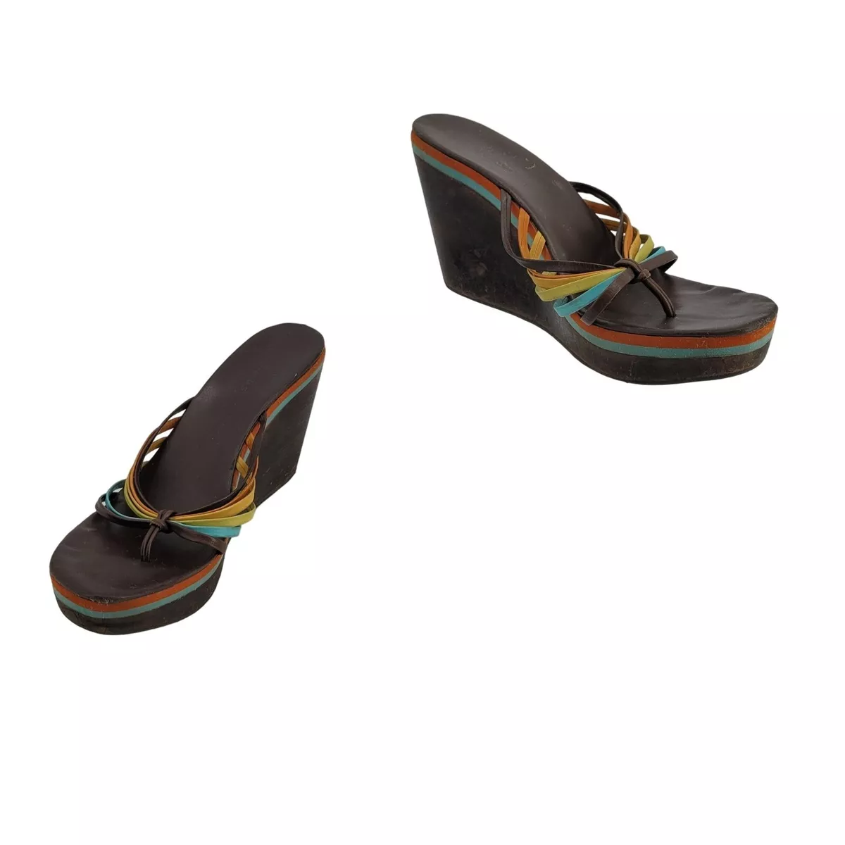 Vintage 90s BCBG Platform Wedge Sandals 9 Rainbow Strappy Wood Hippie Pride