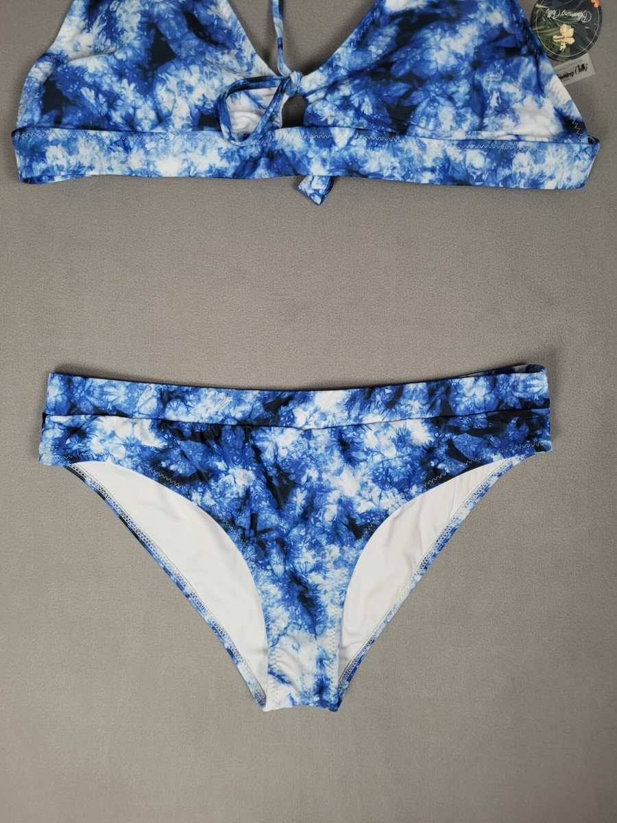 Blooming Jelly Womens Two Piece Bikini Set Tie High Cut Blue Tie Dye Large  View 4