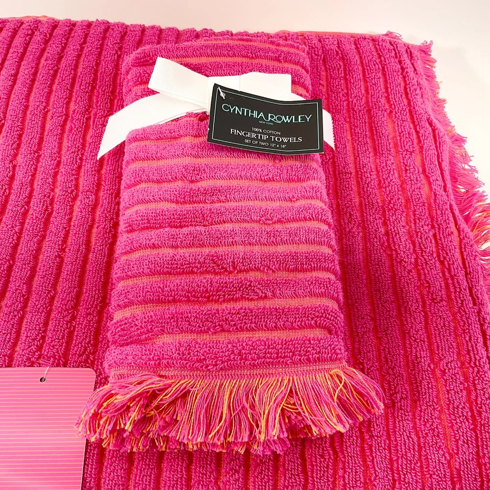 Cynthia Rowley Reversible Set of 4 Towels 2 Bath 2 Tip 100% Cotton  Pink Orange - Image 4 of 4