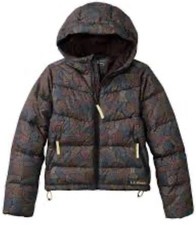 LL Bean Pophan Down Puffer Jacket Downtek Girls Size 8 Hooded Kids Brown Geo Nwt