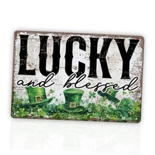 Lucky and Blessed Metal Tin Sign, St. Patrick  s Day Shamrock Plaque, Vintage