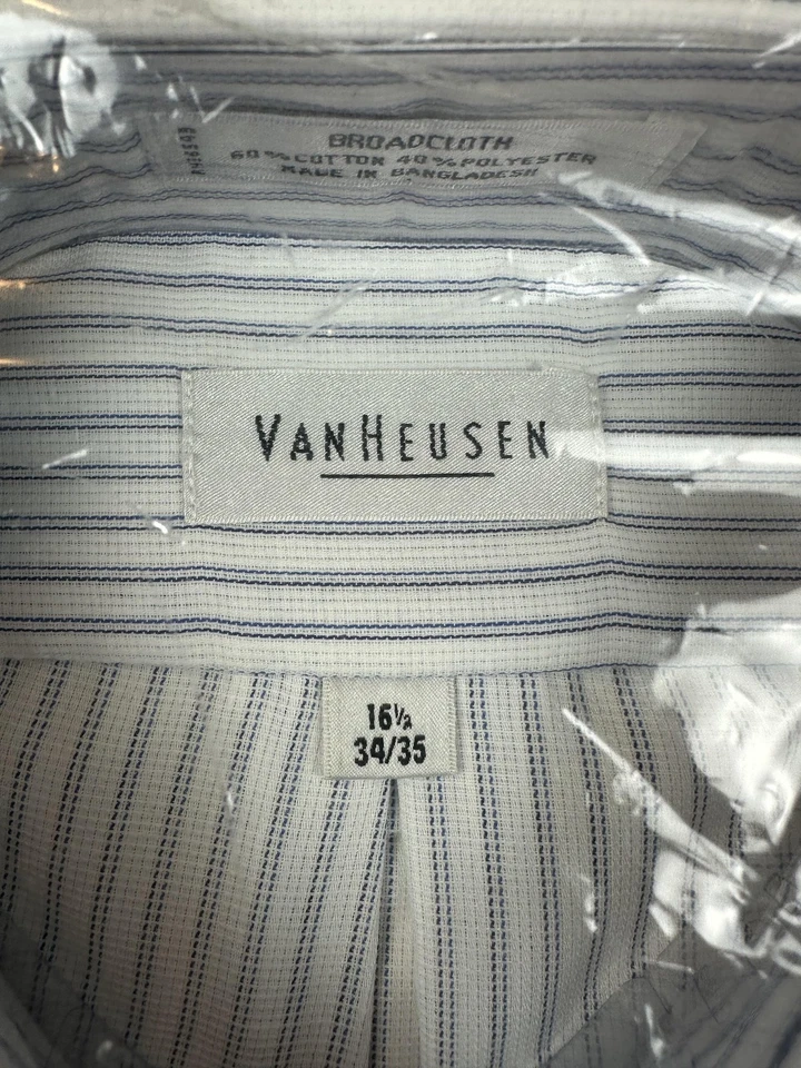 Van Heusen 衬衫男式 16.5 34/35 白色蓝色条纹长袖纽扣新品 — 第 2/4 张图片