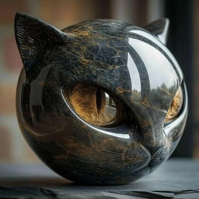 Black Cat Stone Figurine Resin Cat Head Marble Texture Healing Crystal Desk Deco