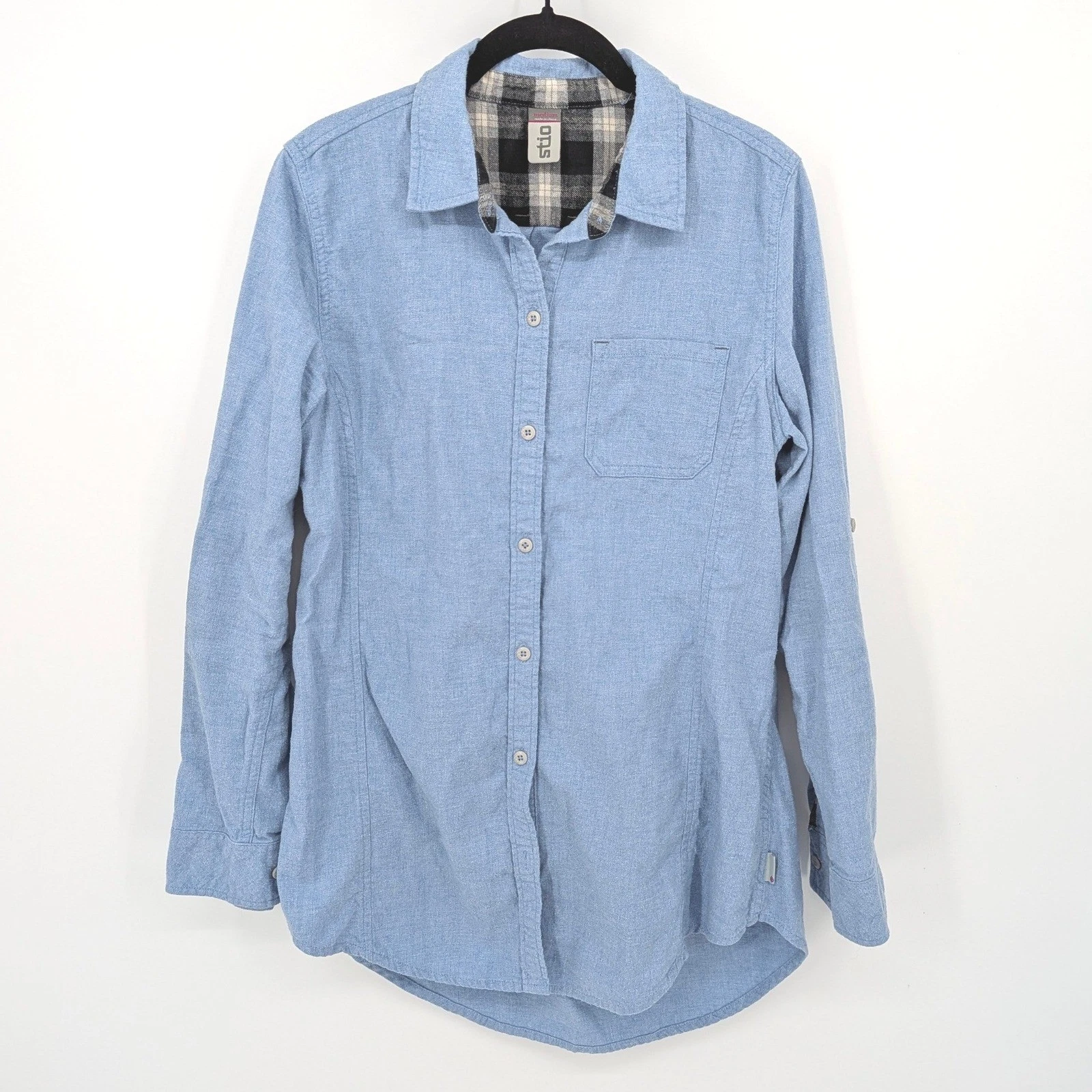 Stio Button Down Flannel Shirt Womens Medium Blue Cotton Long Sleeve Outdoor