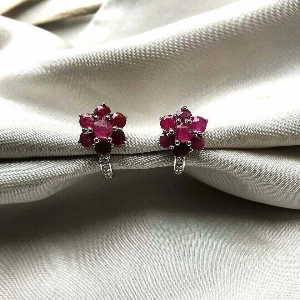 2Ct Round Cut Lab-Created Ruby Hoop Earrings Women's 14K White Gold Plated - Image 3 of 3