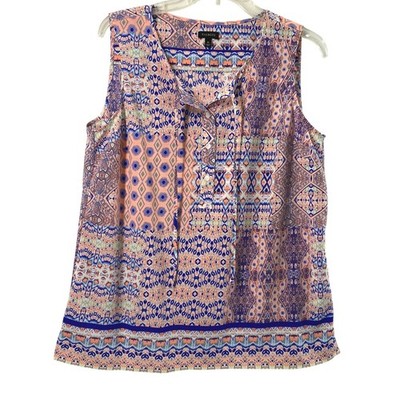 Talbots Top Womens Medium Blue Orange Tile Print Sleeveless Summer Blouse