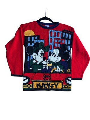 90s Mickey's Kids Sweater Embroidered Mickey & Minnie City Skyline Sz M 10/12