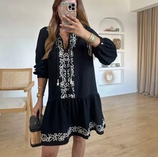 ZARA Viscose Blend Dress w/ Contrast Embroidery Black 8741/071 Size S