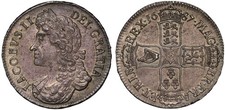 James II 1687 Crown, 2nd bust, edge TERTIO, MS62, off-centre die axis