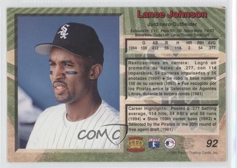1995 Pacific Crown Collection Lance Johnson #92 - Image 2 of 2