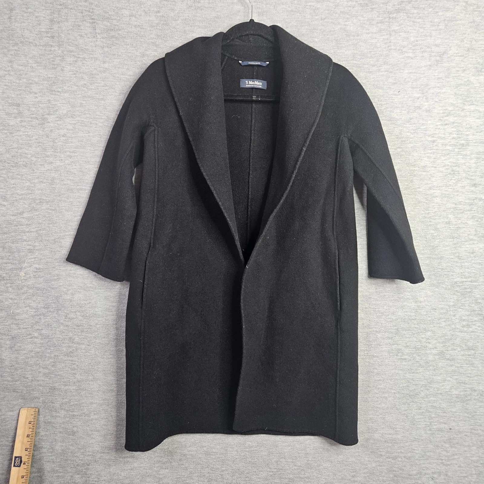 Max Mara Women's Collared Open Front Black Vergine Wool Coat Size US 0 IT 34