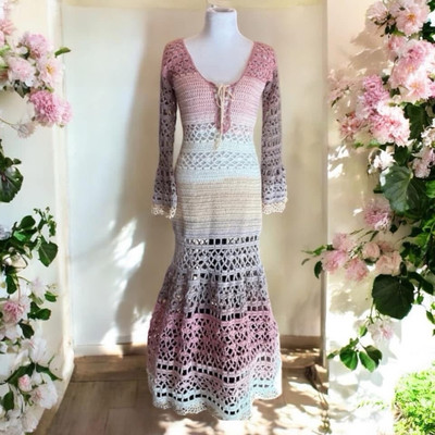 Boho Crochet Handmade Ombré Dress Corset Style Front Bell Sleeves NEW Size 10