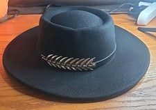 Black Wide Brim Gambler Fedora Hat Flat Top Metal Feather Accent Unisex Porkpie