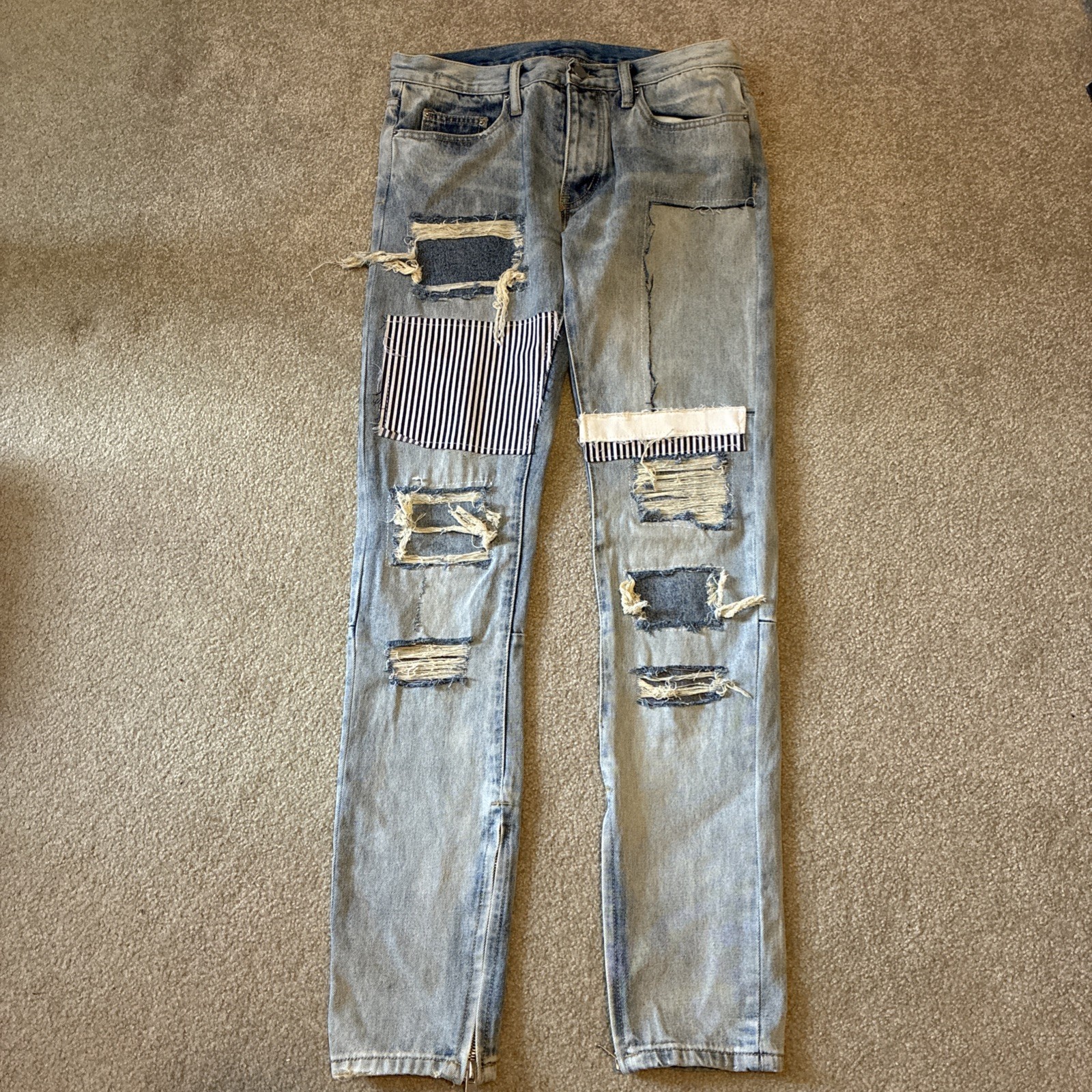 MNML Jeans Mens 32 Blue Slim Distressed Ankle Zip Button Fly Free Shipping