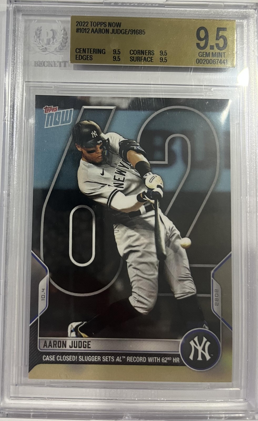 2022 Topps Now #1012 Aaron Judge  BGS 9.5 GEM MINT