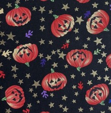 Halloween Fabric Jack-o-Lantern Pumpkins Metallic Stars Black Hi-Fashion 1/2 Yd