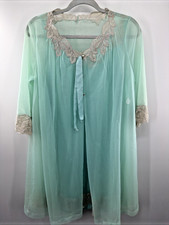 Vtg Chiffon Babydoll Nightgown Peignoir Robe Set Silky Nylon Lace Sheer S Evette