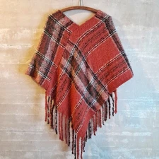 234a. dark orange plaid soft fuzzy poncho with fringe, One Size