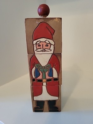 Vtg Rotating Wooden Santa Block 4 views Puzzle Folk Art Midwest Cannon Falls SEE