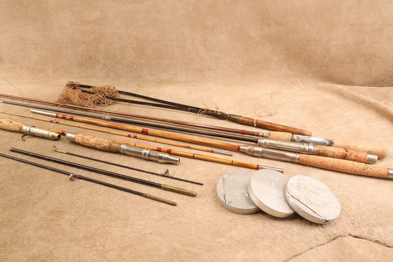 Rustic Cabin Fish Camp Decor Lot. Fishing Rods, Landing Net, Fly Line Boxes.