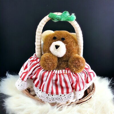 Vintage Pom Pom Bear in Basket Christmas Ornament Brown Red 1980s Dakin