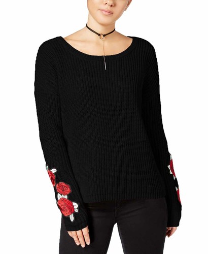 Rose-Embroidered Ribbed Knit Sweater 