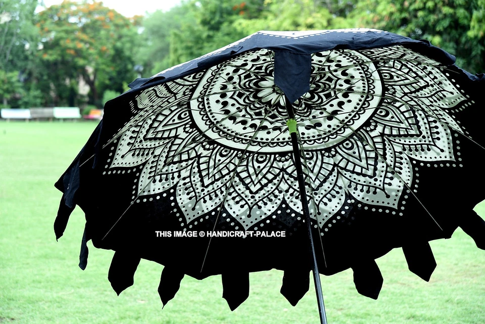 Indian Garden Umbrella Black Ombre Mandala Cotton Patio Outdoor Large Parasol - Изображение 4 из 4