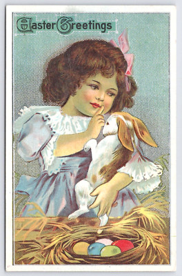 Postcard Easter Greetings Beautiful Child Bunny Basket With Colorful Eggs