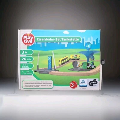 PLAYLAND Eisenbahn Set Tankstelle 26 Teilig Zug Echtholz Spielzeug NEU OVP