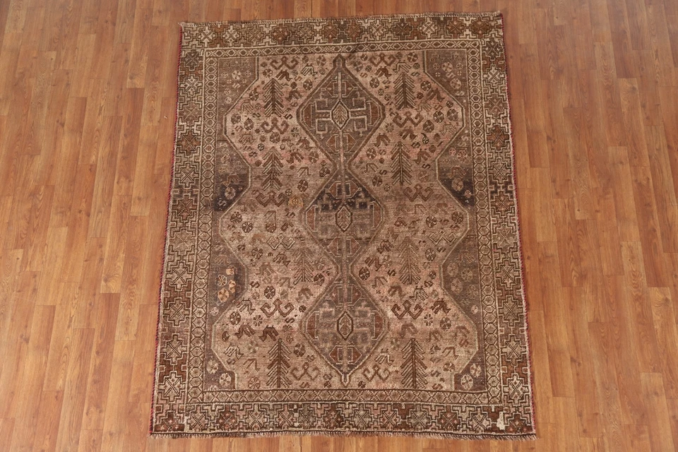 Alfombra antigua 5x6 pies anterior a 1900 Qashqai geométrica oriental hecha a mano alfombra de decoración del hogar Foto 2 de 4