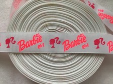 Neon pink sparkle Barbie on white Grosgrain ribbon BTY 1"
