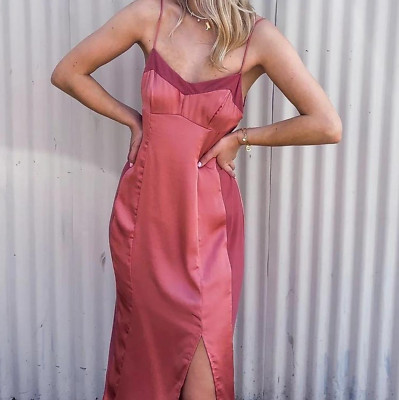 Free People City Cool Satin Sheer Panel Midi Slip Dress Venetian Red New M